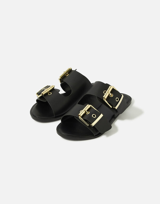 Chunky Buckle Leather Sandals , Black (BLACK), large