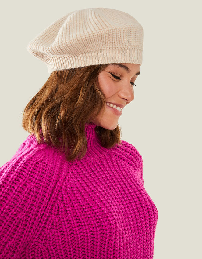 Ribbed Knit Beret, Natural (NATURAL), large