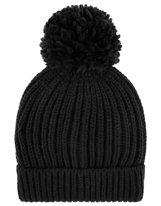 Chunky Knit Pom-Pom Beanie, Black, large