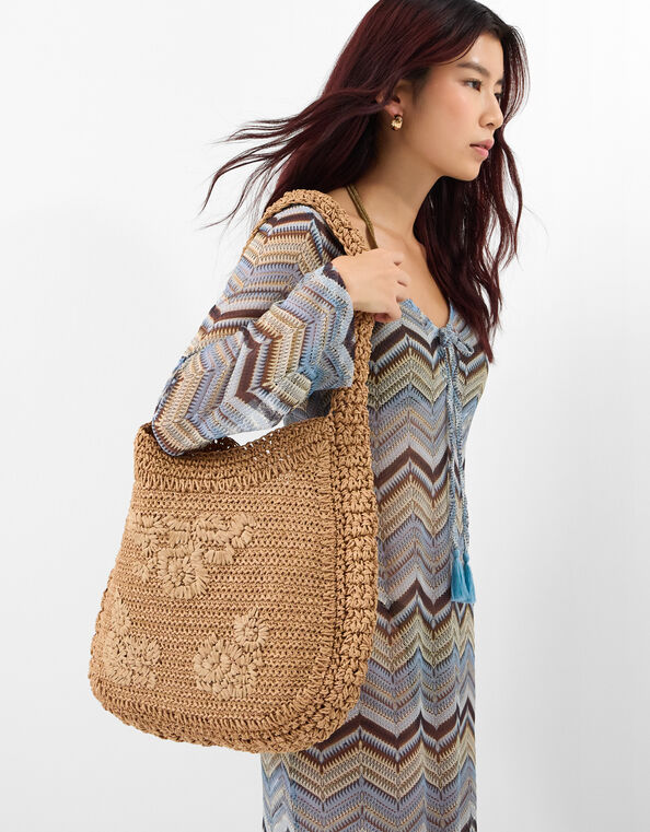 Slouchy Raffia Flower Bag, , large