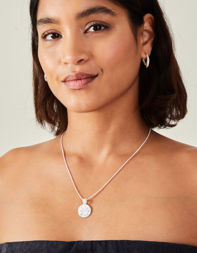 Sterling Silver-Plated Flower Disc Pendant Necklace, , large