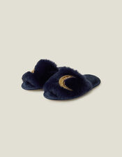 Moon Faux Fur Mule Slippers, Blue (NAVY), large