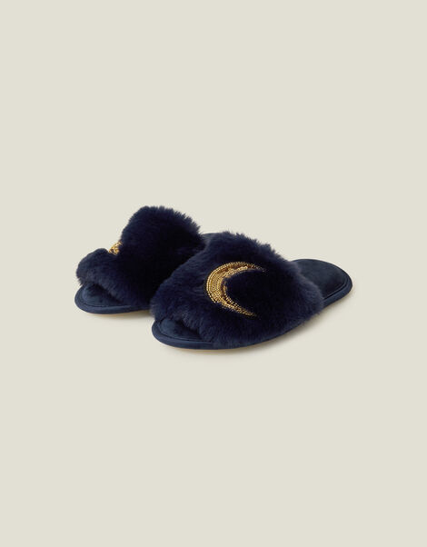 Moon Faux Fur Mule Slippers, Blue (NAVY), large