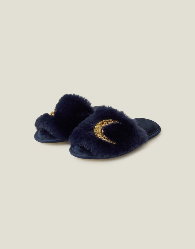 Moon Faux Fur Mule Slippers, Blue (NAVY), large