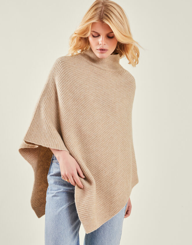 High Neck Rib Knit Poncho, , large