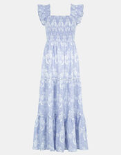 Tropical Print Smocked Maxi Dress, Blue (BLUE), large