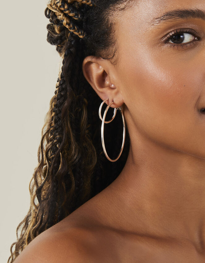 Simple Hoop Earrings Set of Three, Silver (SILVER), large