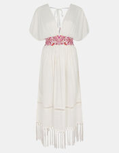 Palm Embroidered Fringe Kaftan Dress, Ivory (IVORY), large