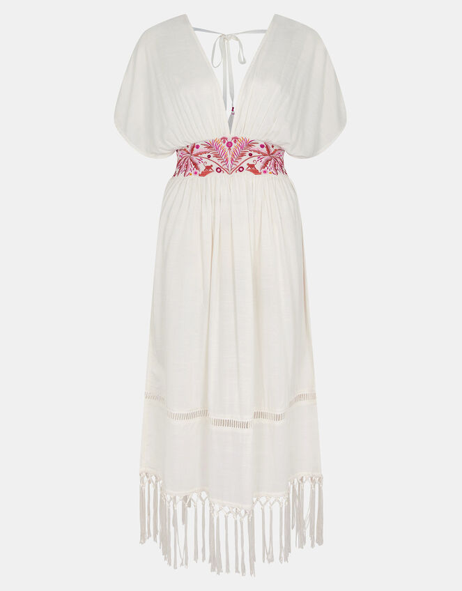 Palm Embroidered Fringe Kaftan Dress, Ivory (IVORY), large