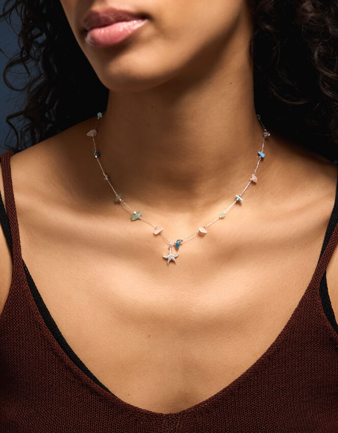 Sterling Silver-Plated Semi Precious Pendant Necklace, , large