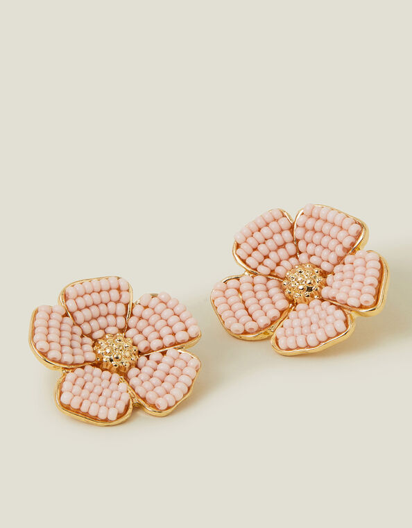 Large Beaded Flower Stud Earrings, , large