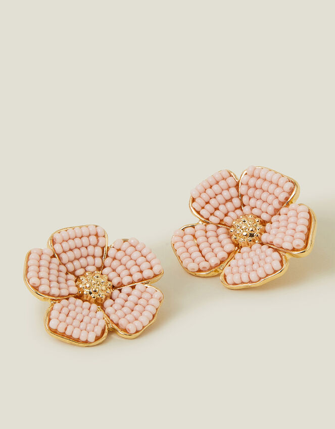Large Beaded Flower Stud Earrings, , large