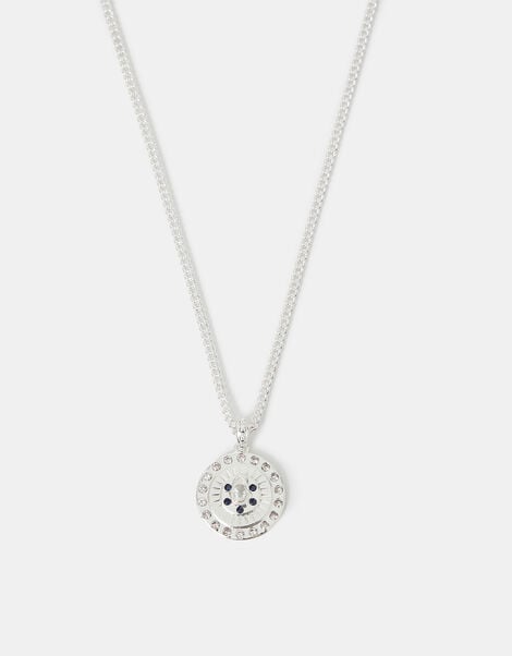 Sterling Silver-Plated Diamante Disc Pendant Necklace, , large