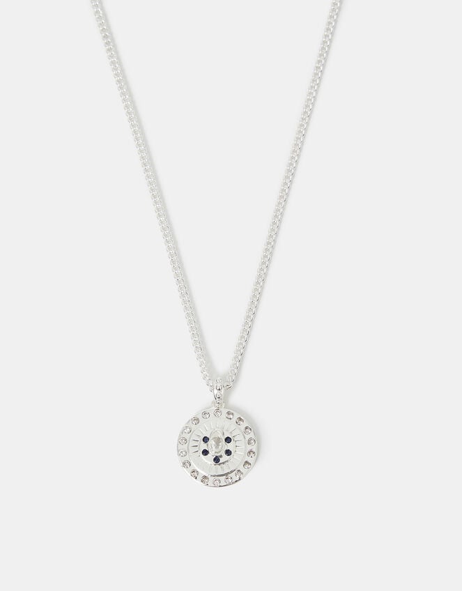 Sterling Silver-Plated Diamante Disc Pendant Necklace, , large