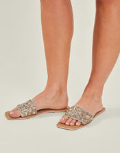 Flower Embellished Sandals, Gold (GOLD), large