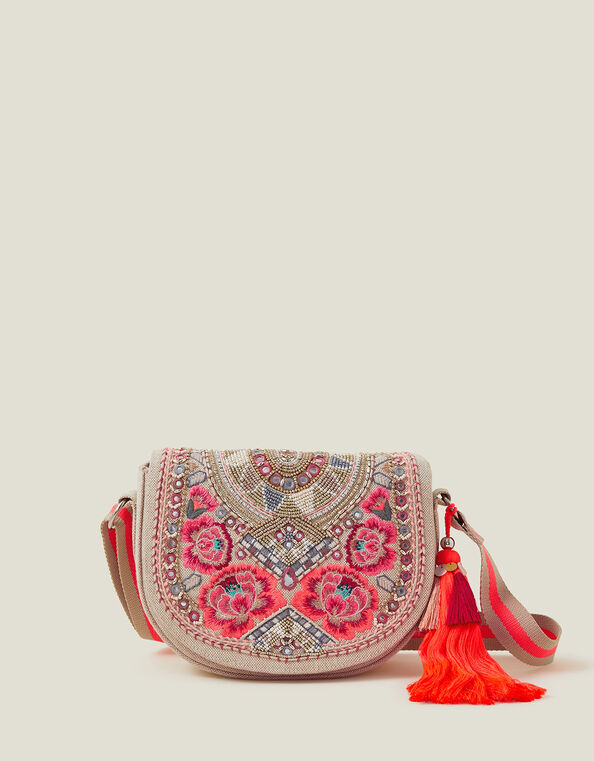 Floral Embroidered Saddle Bag, , large