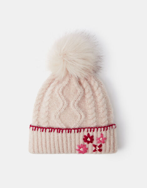 Girls Flower Cable Knit Bobble Hat, Natural (NATURAL), large