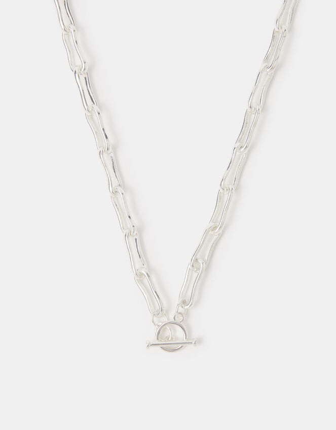 Sterling Silver-Plated Molten Link T-Bar Necklace, , large