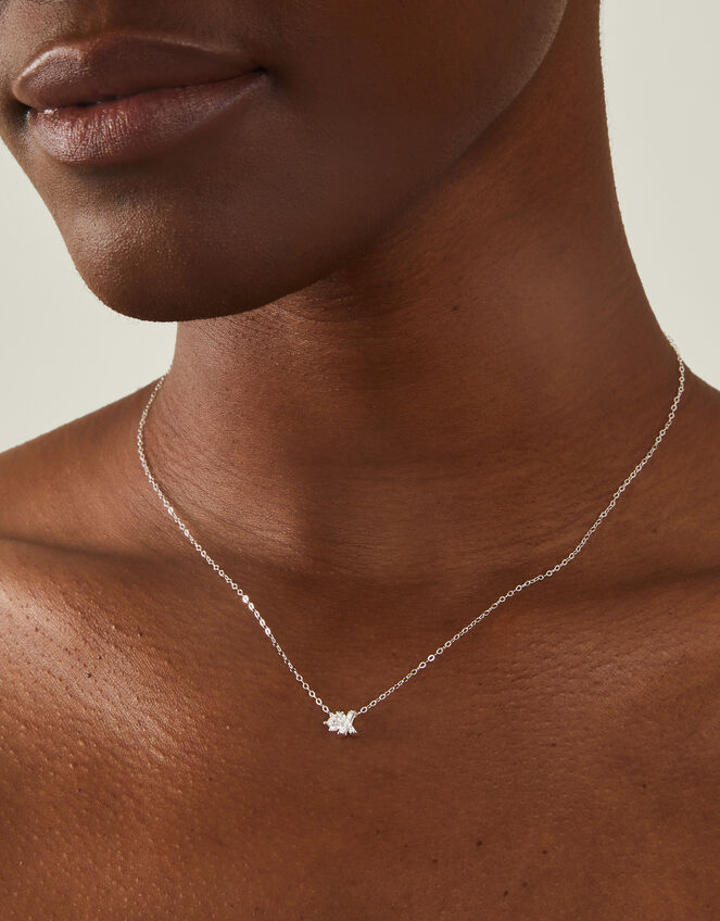 Sterling Silver-Plated Diamante Initial Pendant Necklace, Silver (ST SILVER), large