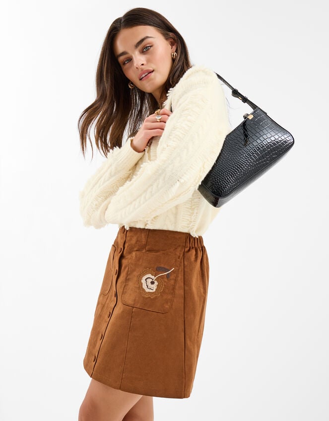 Floral Embroidered Suedette Mini Skirt, Tan (TAN), large