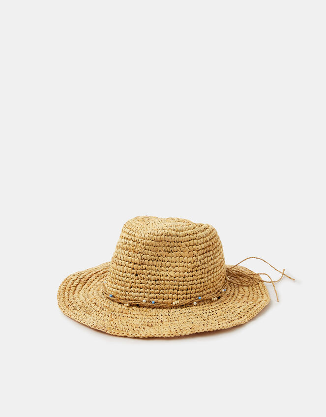 Beaded Trim Woven Hat, , large