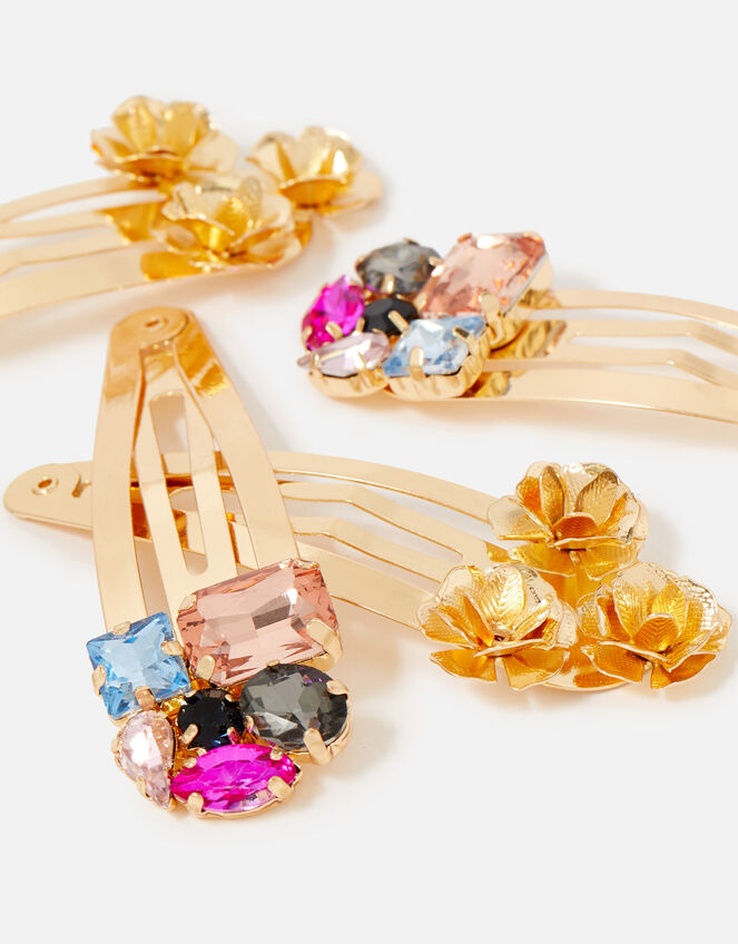 Gem and Floral Hair Clip Set, , large
