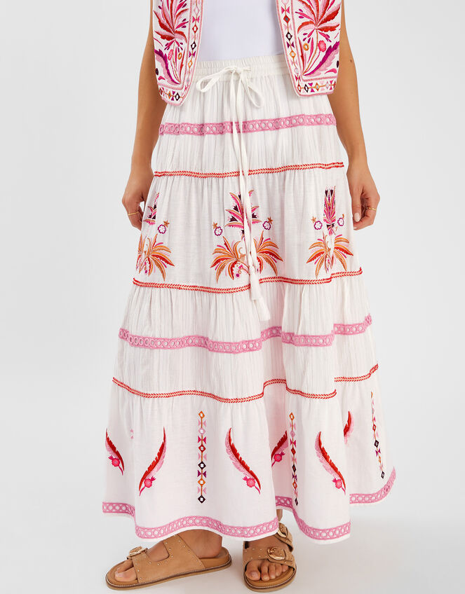 Mirror & Palm Embroidered Maxi Skirt, White (WHITE), large