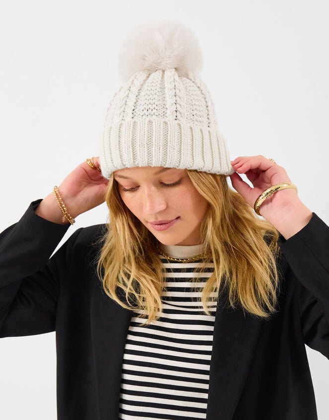 Faux Fur Pom Beanie Hat, Cream (CREAM), large
