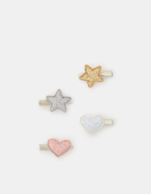 4-Pack Girls Glitter Star Heart Hair Clips, , large