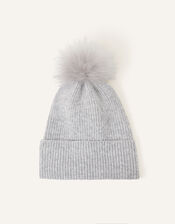 Knit Pom-Pom Beanie with Recycled Fabric, Grey (LIGHT GREY), large