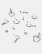 6-Pack Pavé Heart Stud and Hoop Earrings Silver, , large