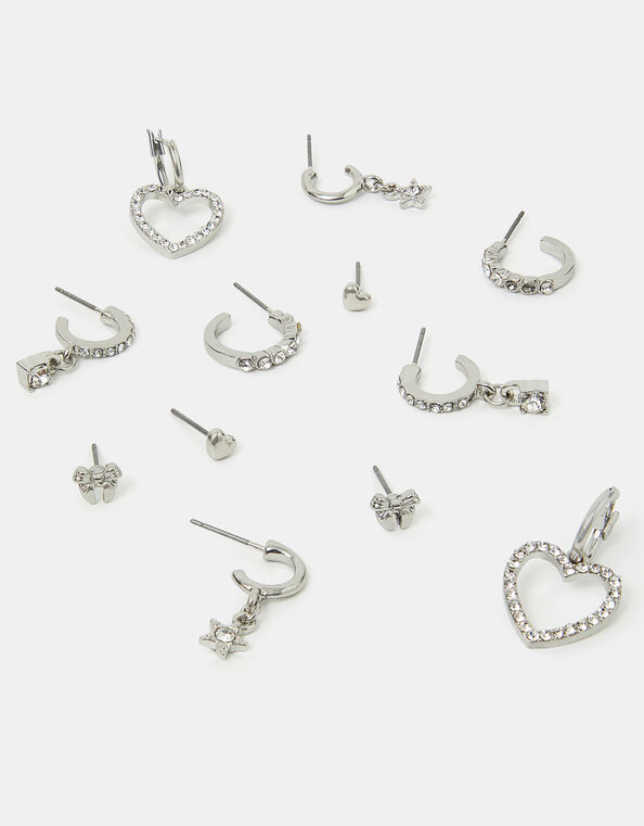 6-Pack Pavé Heart Stud and Hoop Earrings Silver, , large