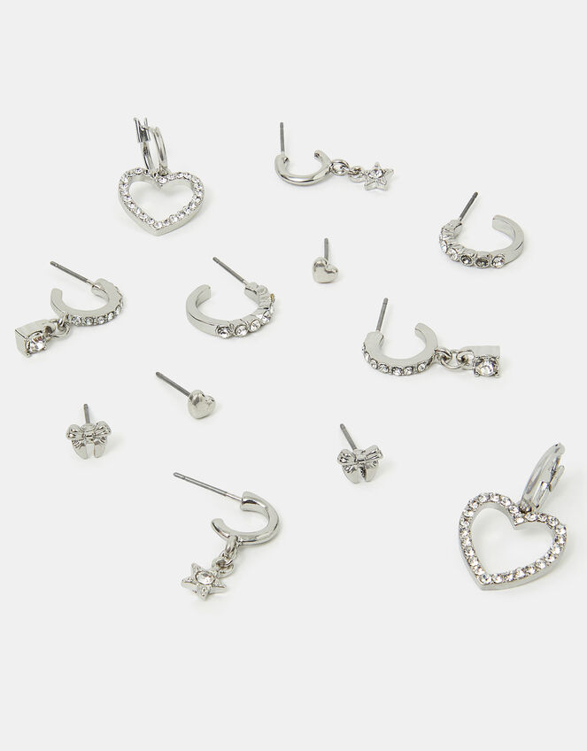 6-Pack Pavé Heart Stud and Hoop Earrings Silver, , large