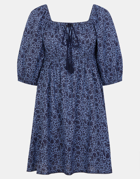 Floral Print Puff Sleeve Mini Dress, Blue (BLUE), large
