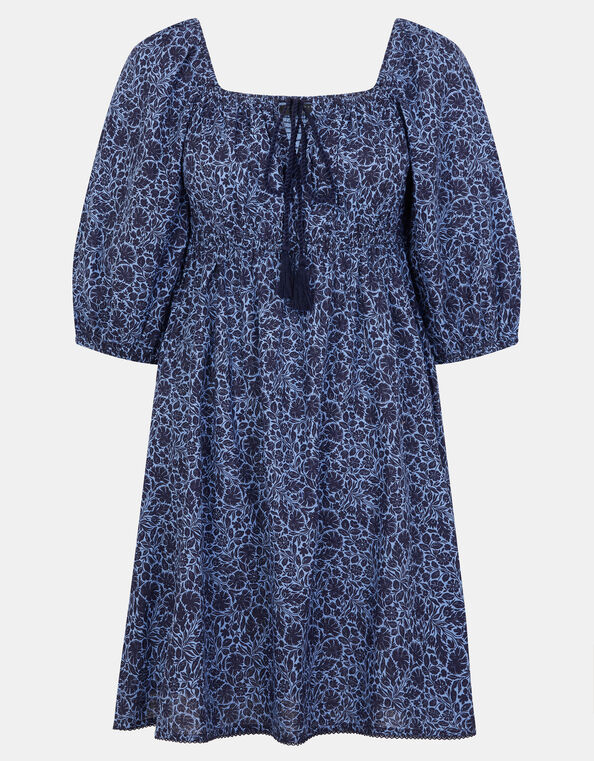 Floral Print Puff Sleeve Mini Dress, Blue (BLUE), large