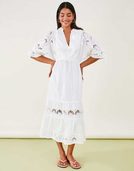 Mixed Shell Broderie Dress, White (WHITE), large