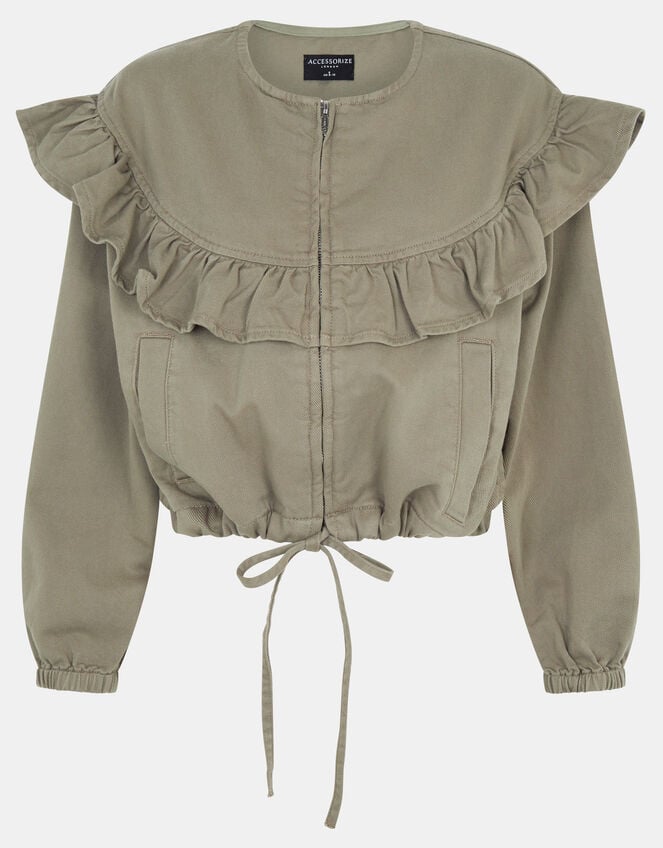 Ruffle Denim Jacket, Green (KHAKI), large