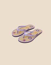 Flower Embroidered Seagrass Flip Flops, Blue (BLUE), large