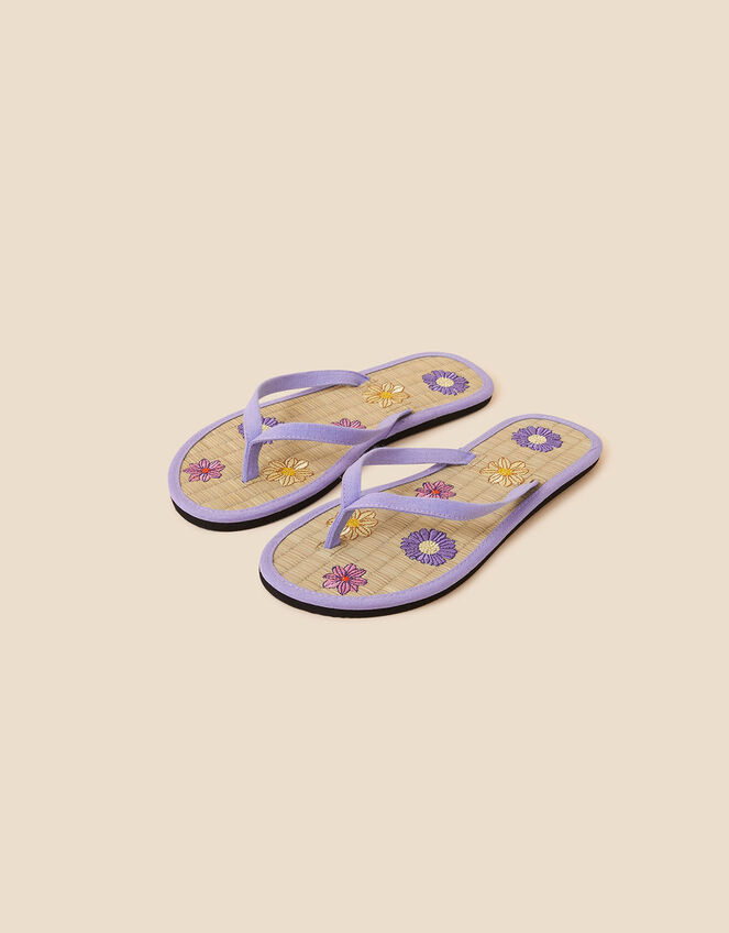 Flower Embroidered Seagrass Flip Flops, Blue (BLUE), large