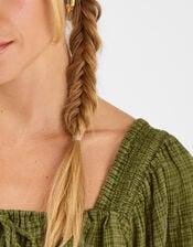 Check Puff Sleeve Smocked Midi Dress, Green (KHAKI), large