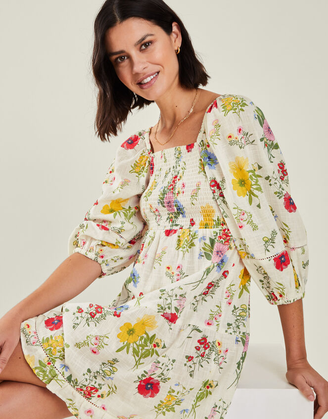 Puff Sleeve Floral Smocked Mini Dress, Ivory (IVORY), large