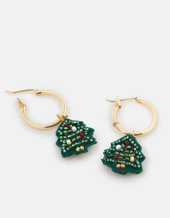 Christmas Tree Huggie Hoop Earrings, , large