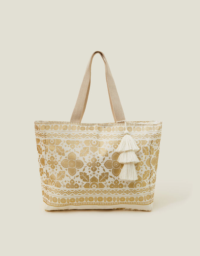 Metallic Print Canvas Beach Bag, , large