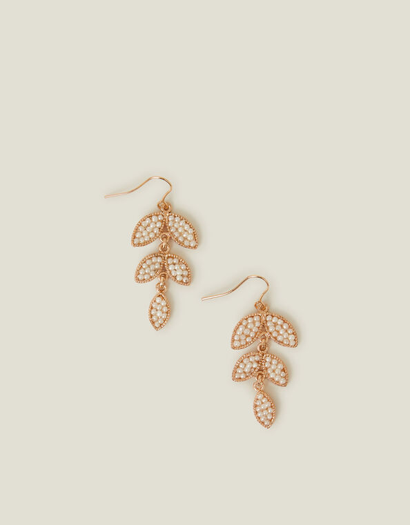Beaded Leaf Drop Earrings Pearl, , large