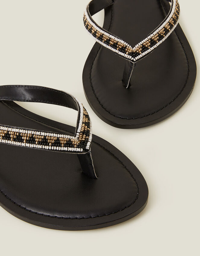 Beaded Faux Leather Flip Flops, Black (BLACK WHITE), large