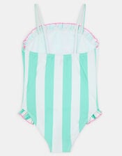 Girls Slogan Stripe Swimsuit, Blue (TURQUOISE), large