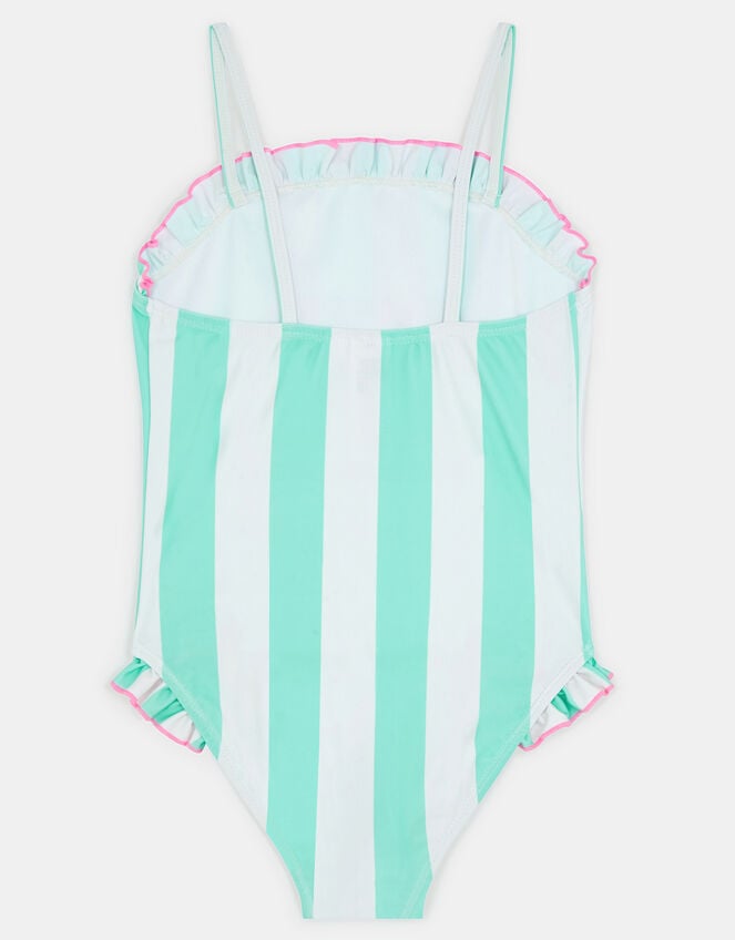 Girls Slogan Stripe Swimsuit, Blue (TURQUOISE), large