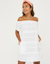 Schiffli Bardot Dress in Pure Cotton, White (WHITE), large