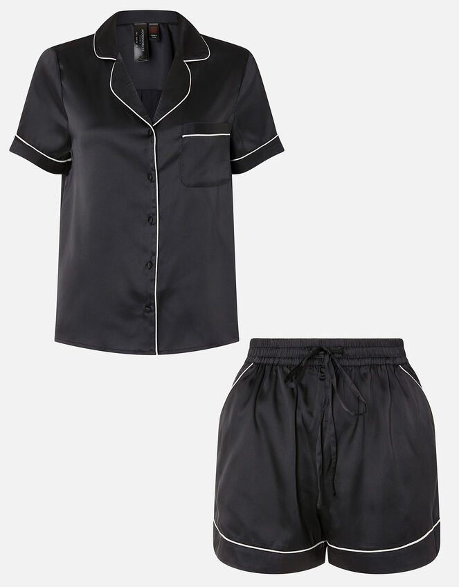 Satin Shirt and Shorts PJ Set , Black (BLACK), large