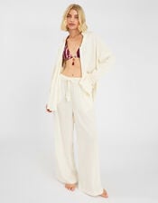 Long Sleeve Stripe Beach Cover Up Shirt, Ivory (IVORY), large